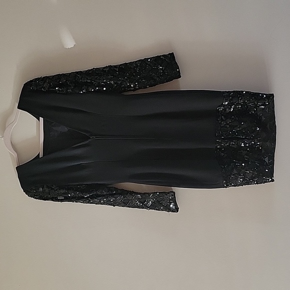 Vintage Tadashi Shoji Illusion Sleeve Beaded Dress Black USA Made Size 4 - Picture 5 of 9